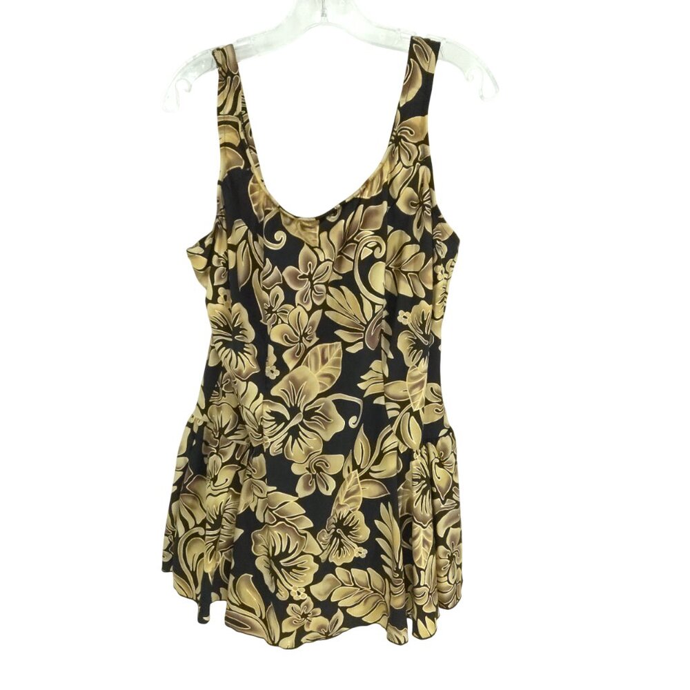 Maxine of Hollywood Swim suit Dress Gold Black Floral Princess Seam Pleated 24W